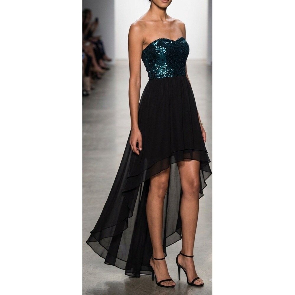 FOREVER 21 Emerald Teal Sequin Strapless High Low Layered Cocktail Dress Sz M